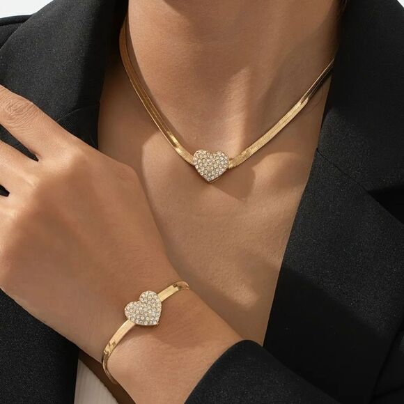 Heart Diamond Inlaid Snake Chain Necklace & Bracelet - Picture 1 of 7